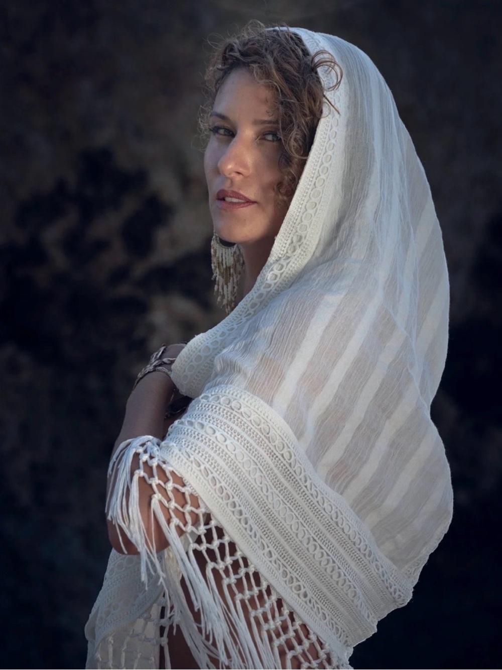 Yoshi Zen Couture - White Fringe Hood/Shawl - Boho Wrap Festival Burningman